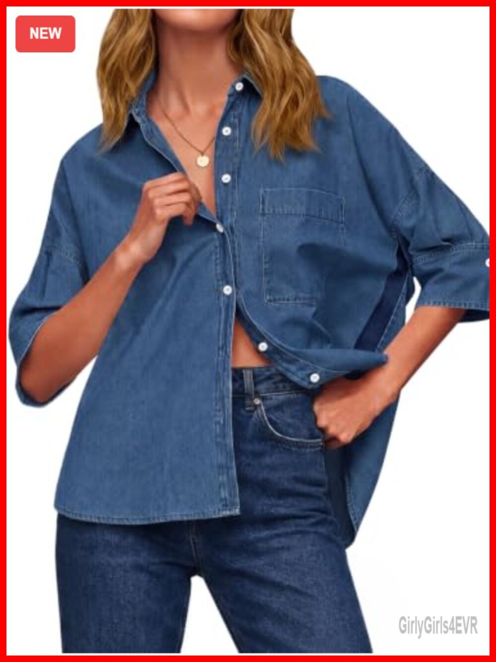Oversized Half Sleeve Button Down Denim Shirt Blouse
